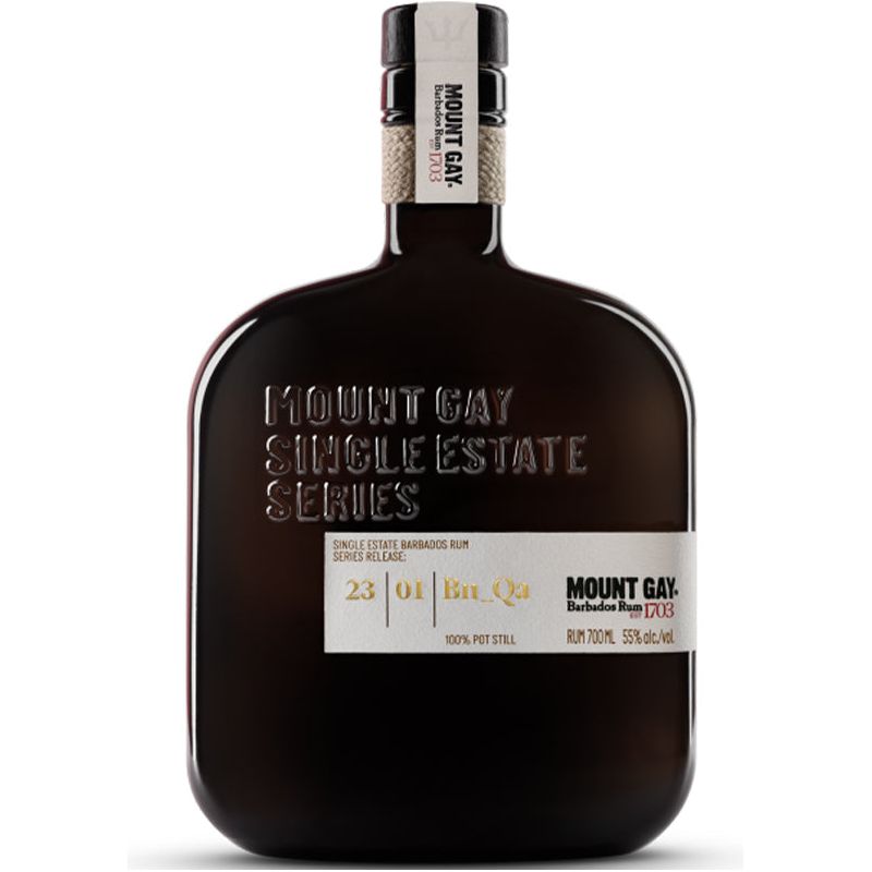 A bottle of Mount Gay Single Estate Series rum with a dark label and clear branding.