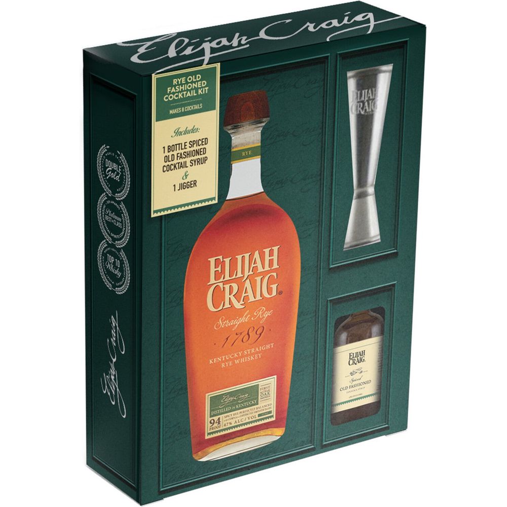 Elijah Craig Rye With Spiced Old Fashioned Mix & Jigger Gift Wooden Cork