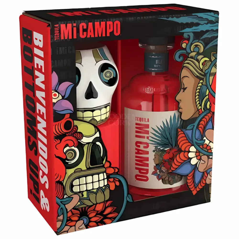 Mi Campo Blanco Tequila Gift Set with Skull Mug – Wooden Cork