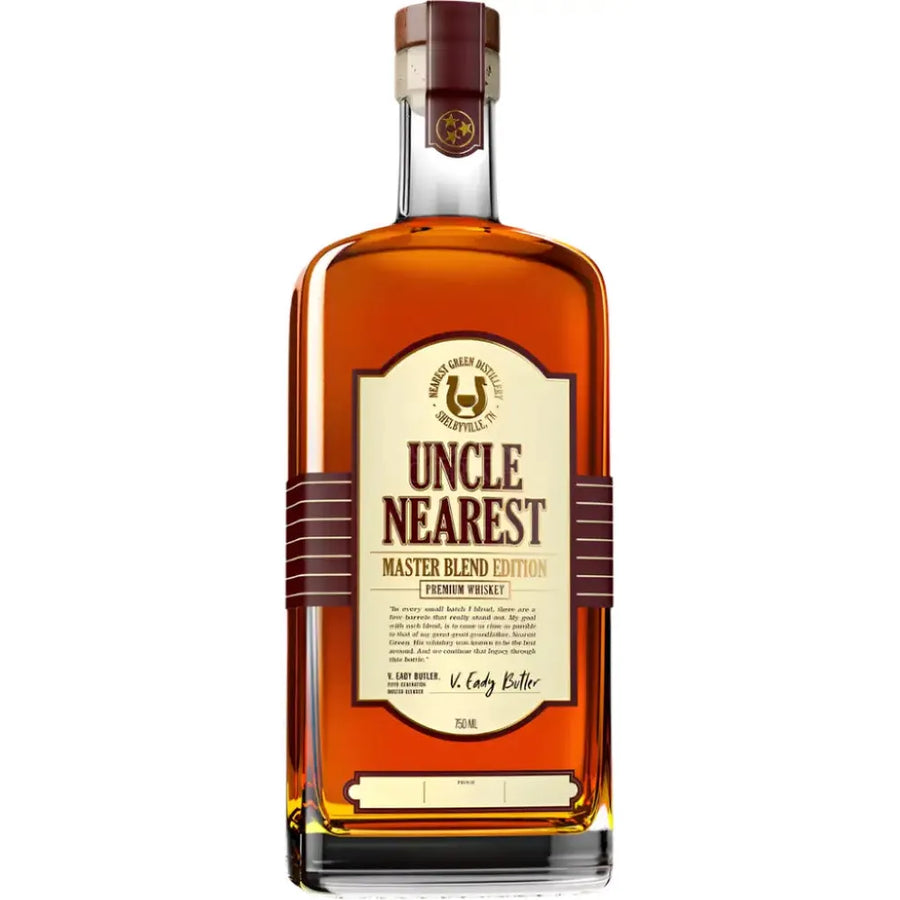 Bottle of Uncle Nearest Master Blend Edition whiskey on a white background