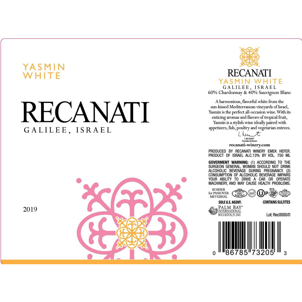 Recanati Yasmin Israel Kosher White 750ml - Available at Wooden Cork