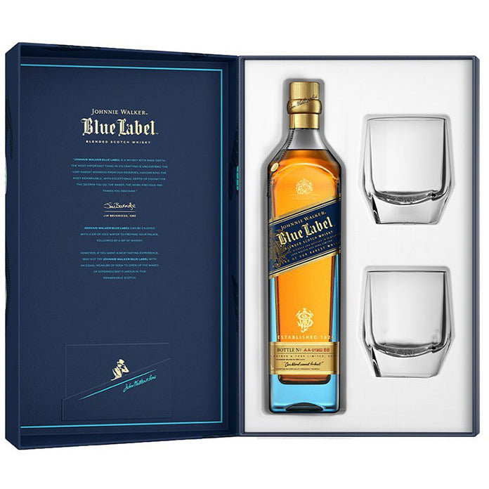 Johnnie Walker Blue Label Blended Scotch Whisky With Two Crystal Glasses - Available at Wooden Cork