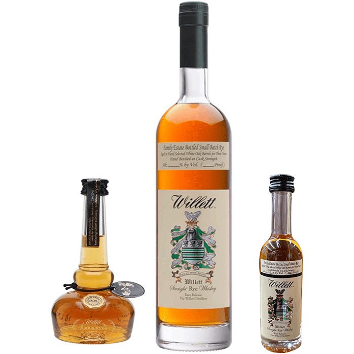 Willett Family Estate 4 Year Rye 750ml, Willett 3 Year Rye 50ml, & Willett Pot Still Miniature Whiskey 50ml Bundle - Available at Wooden Cork