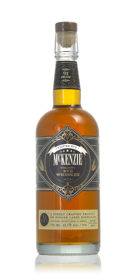 Product photography of a McKenzie Empire Rye Straight Rye Whiskey bottle from Finger Lakes Distilling New York United States filled with amber liquid featuring an elaborate black and gold ornate label with wheat stalks and a wooden cork stopper displaying 91 Proof
