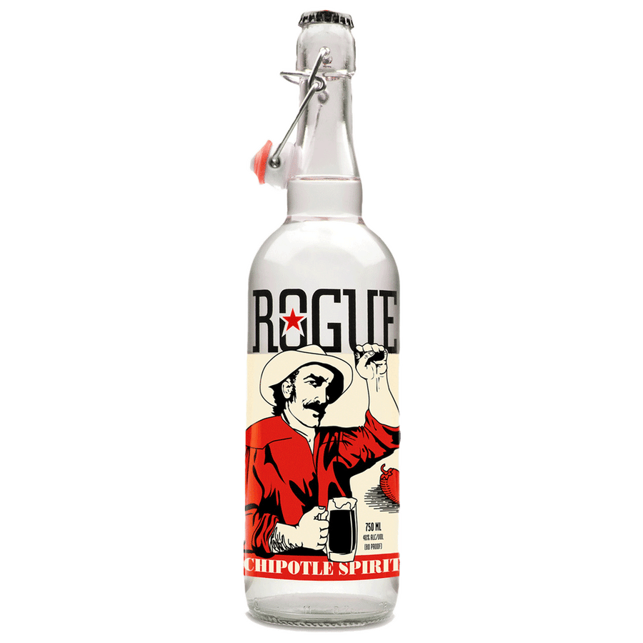 A clear glass bottle of Rogue Chipotle Spirit featuring a swing-top closure with a red gasket and a label illustration of a mustached cowboy in a red shirt holding a beer mug and a chili pepper