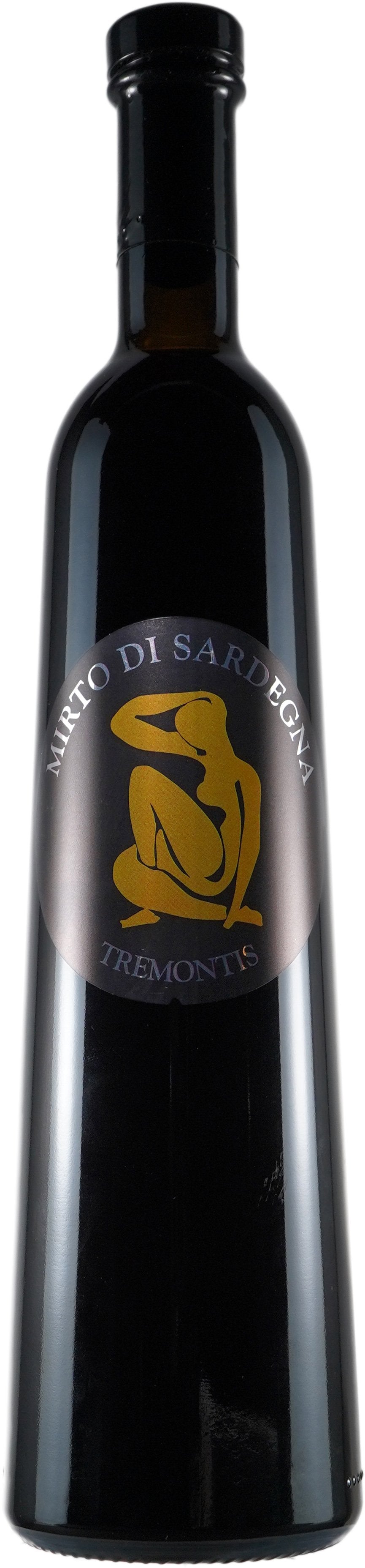 Product photograph, Tremontis Mirto di Sardegna liqueur bottle from Sardinia, featuring a black bottle with a dark grey circular label showcasing a golden silhouette of a reclining nude woman and silver Mirto di Sardegna Tremontis text