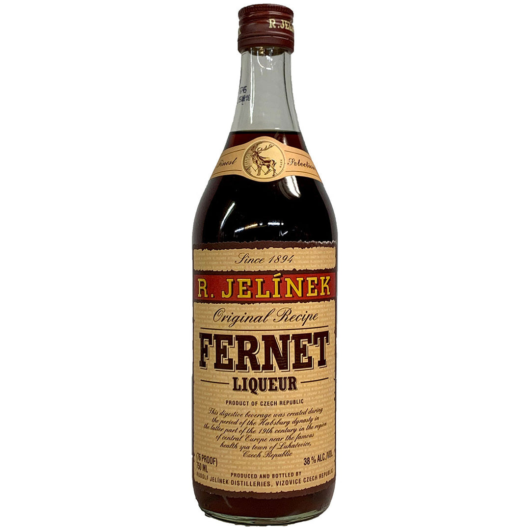 R. Jelinek Fernet Liqueur bottle from the Czech Republic containing dark reddish-brown liquid, featuring a textured tan label with bold red R. Jelinek text, and a golden deer emblem on the neck