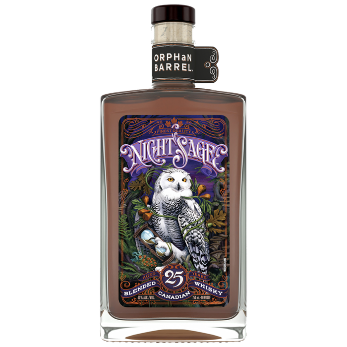 Orphan Barrel Night Sage 25 Year Blended Canadian Whisky bottle label design featuring a majestic snowy owl holding an hourglass against a dark mystical forest background with ornate purple Night Sage text and a prominent silver 25 Years badge