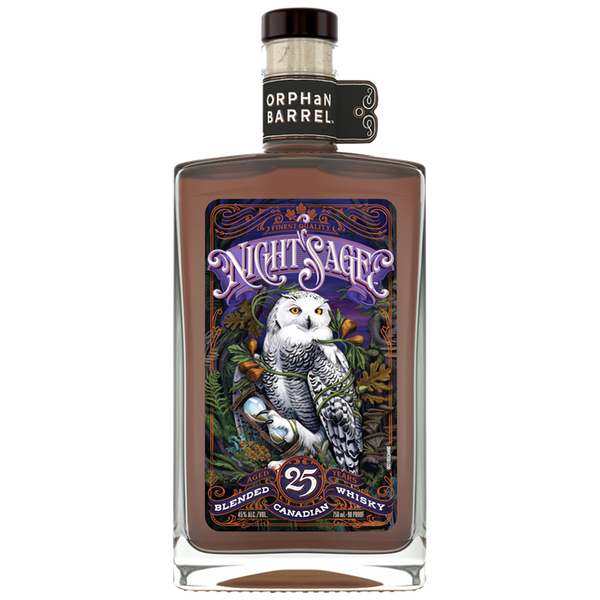 Orphan Barrel Night Sage 25 Year Blended Canadian Whisky bottle label design featuring a majestic snowy owl holding an hourglass against a dark mystical forest background with ornate purple Night Sage text and a prominent silver 25 Years badge