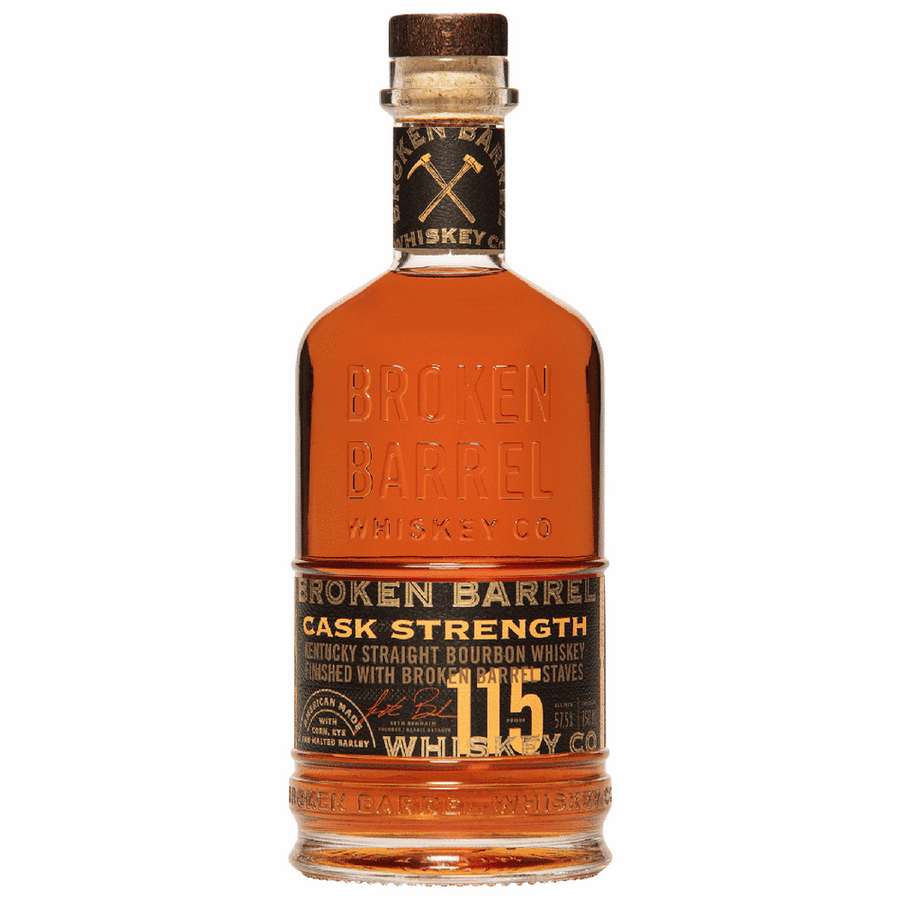 Photograph of Broken Barrel Whiskey Co. Cask Strength Kentucky Straight Bourbon Whiskey, a clear bottle containing dark amber liquid with a black label featuring a gold crossed tools logo and '115 proof' and embossed 'BROKEN BARREL' lettering