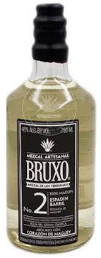 Product image of a Bruxo No 2 Espadin Barril Mezcal Artesanal bottle from Mexico featuring a clear bottle of pale golden liquid, a black label with the white Bruxo logo and agave symbol, and a black wax-sealed cap