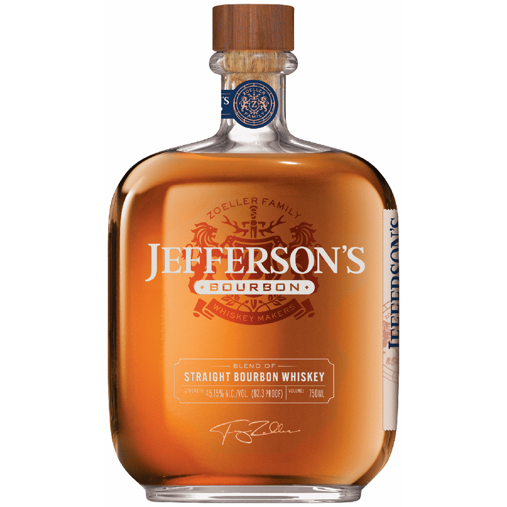Product photography of a Jefferson's Bourbon whiskey bottle, featuring a clear glass body filled with amber liquid, a prominent gold-lettered label with the Zoeller Family Whiskey Makers emblem, a wooden cork stopper, and a small blue circular Zoeller family seal on the neck