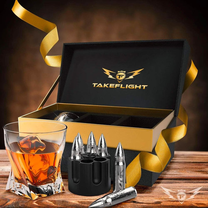 Whiskey Glasses and Whiskey Stone Set - Premium Scotch/Bourbon Whiskey Glass Set of 2 in Gift Box | Stainless Steel Whisky Stones Shaped Like Rockets