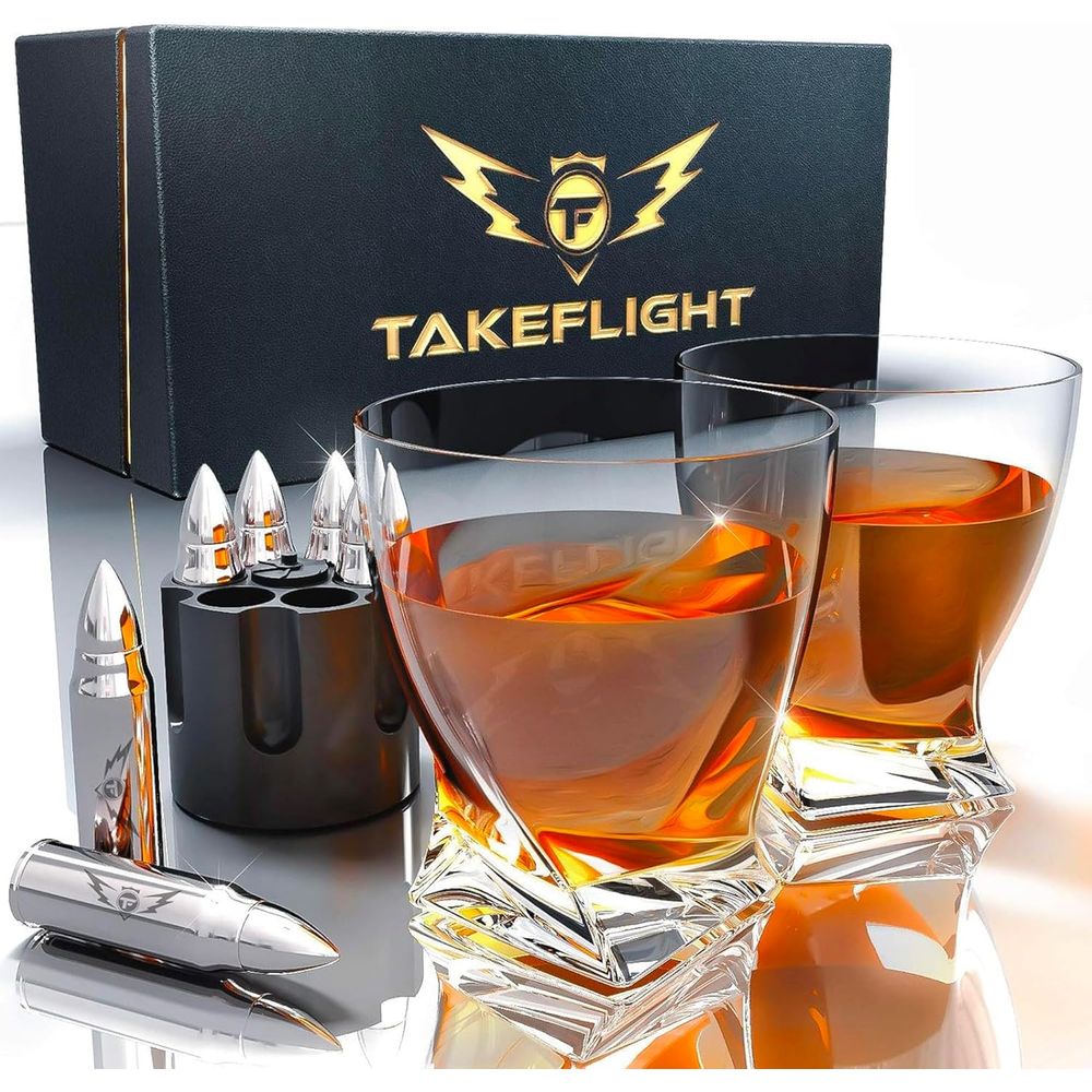 Whiskey Glasses and Whiskey Stone Set - Premium Scotch/Bourbon Whiskey Glass Set of 2 in Gift Box | Stainless Steel Whisky Stones Shaped Like Rockets