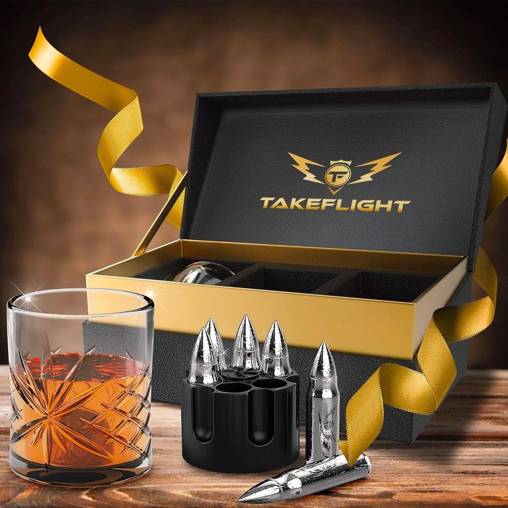 Whiskey Glasses and Whiskey Stone Set - Premium Scotch/Bourbon Whiskey Glass Set of 2 in Gift Box | Stainless Steel Whisky Stones Shaped Like Rockets