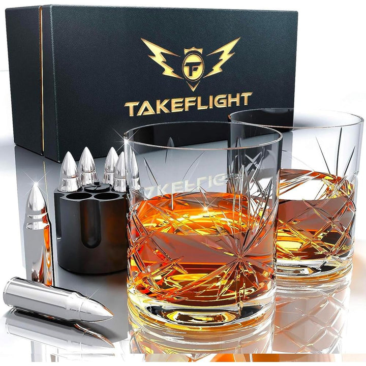 Whiskey Glasses and Whiskey Stone Set - Premium Scotch/Bourbon Whiskey Glass Set of 2 in Gift Box | Stainless Steel Whisky Stones Shaped Like Rockets