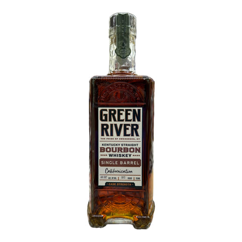 Photograph of a square glass bottle of Green River Kentucky Straight Bourbon Whiskey from Owensboro KY displaying dark amber liquid a black and white label featuring Single Barrel Californication and a green and silver foil neck wrap
