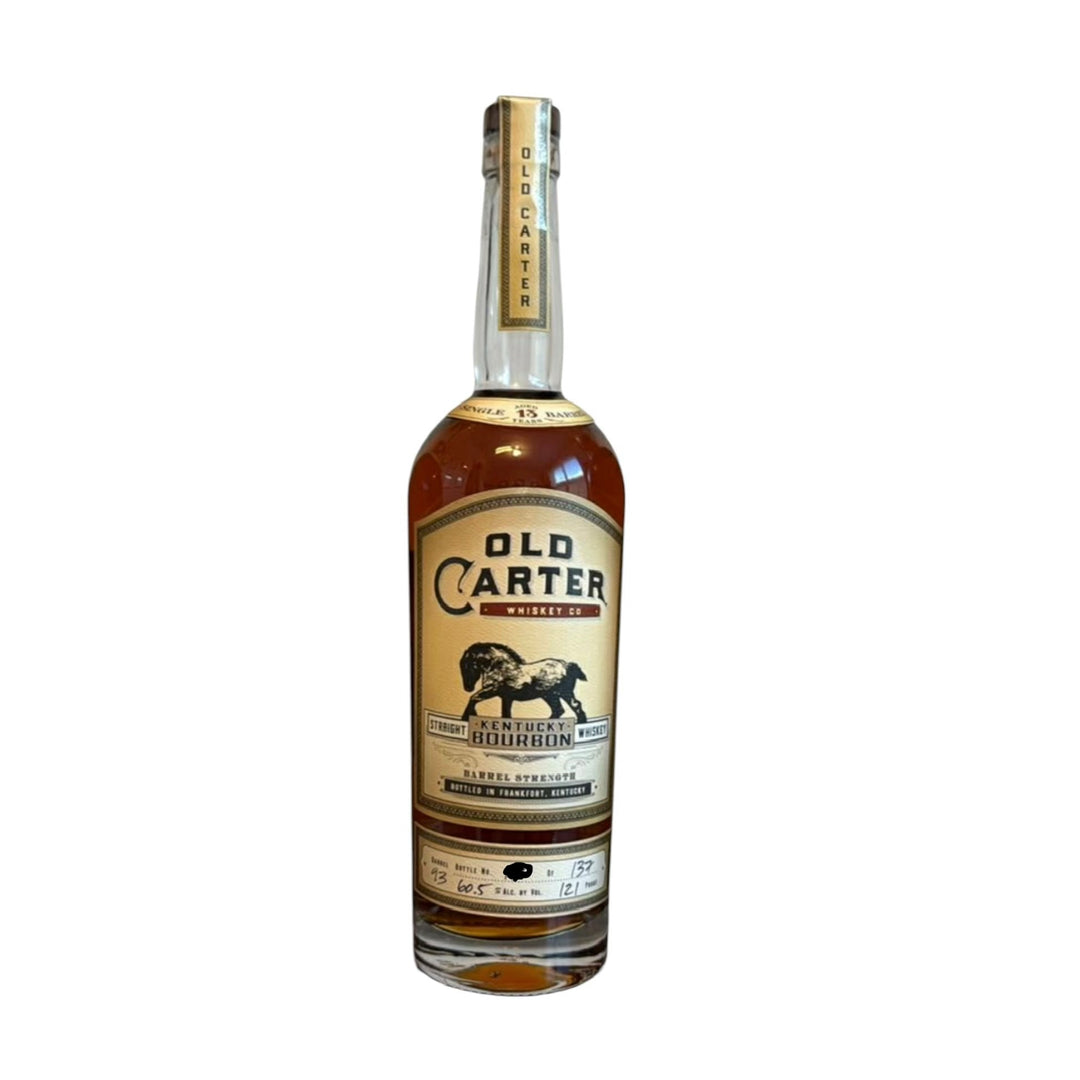 Product photo of an Old Carter Whiskey Co. Single 13 Barrel Strength Kentucky Bourbon bottle with amber liquid, a cream label featuring a black horse illustration, and details like "Bottled in Frankfort, Kentucky" and "60.5% ALC. BY VOL"