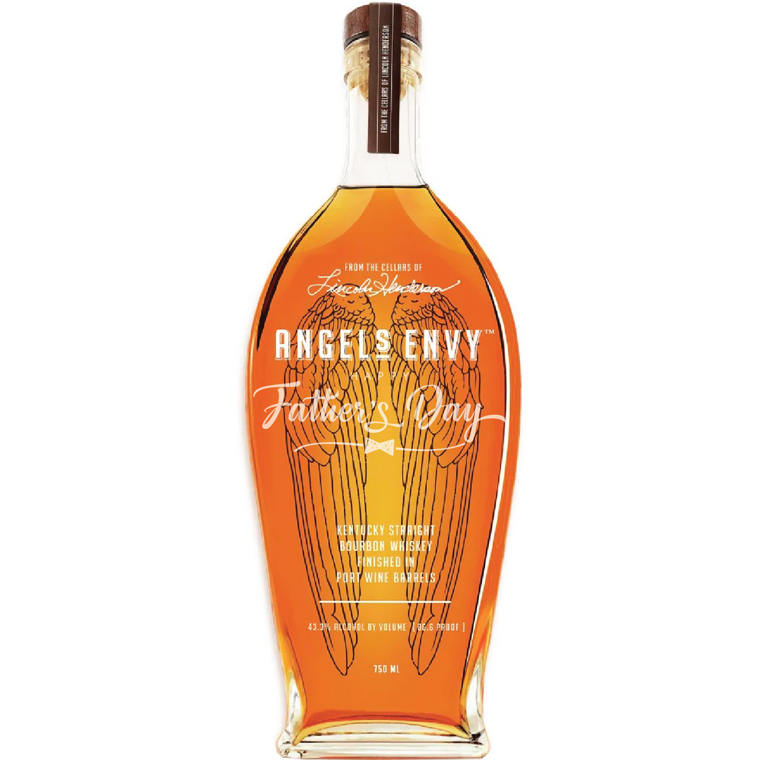 Bottle of Angels Envy with Happy Father's Day Engraving whiskey on a white background