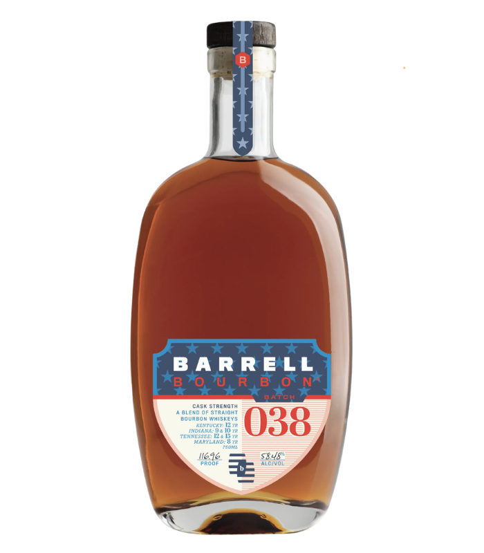 Product photography of a Barrell Bourbon Batch 038 bottle filled with amber liquid, displaying its patriotic red white and blue star-patterned label and neck wrap, with a prominent red batch number 038