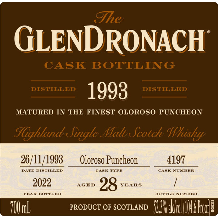 Glendronach 28 Year Old 1993 Cask #4197 Single Malt Scotch Whisky 700ml