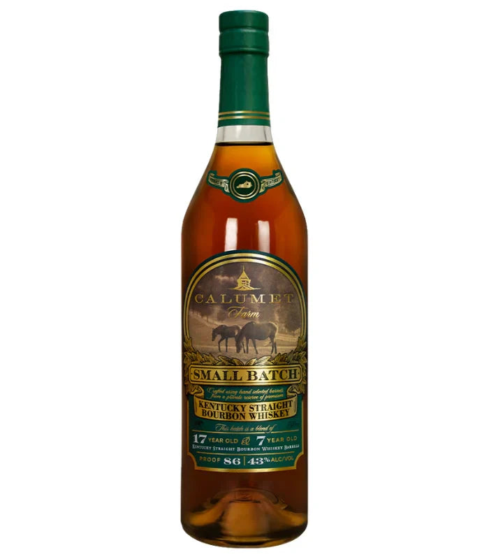 Product photography of a Calumet Farm Small Batch Kentucky Straight Bourbon Whiskey bottle with amber liquid, featuring an iconic label depicting two horses and the Calumet Farm barn, a vibrant green cap with gold stripes, and highlighted "17 Year Old" and "7 Year Old" blend details