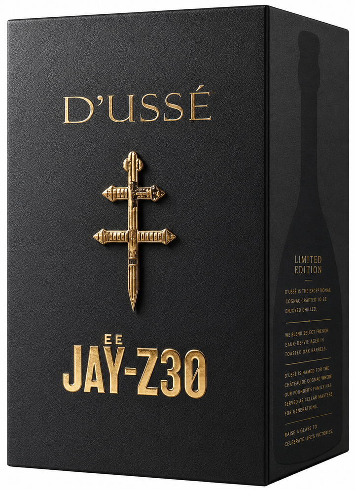 D'Ussé E.E. Jay-Z30 limited edition packaging with gold text on a black background