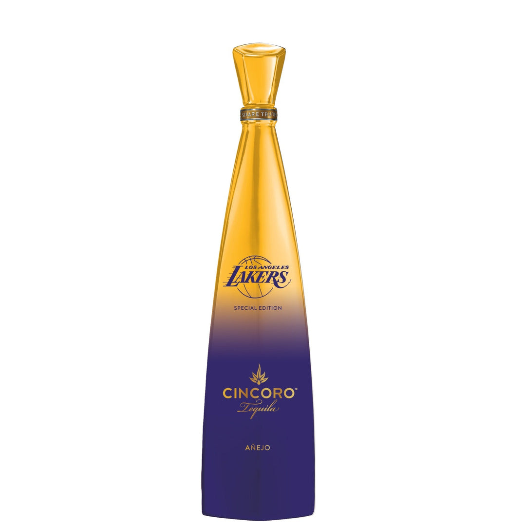Cincoro tequila bottle with Lakers logo on a white background