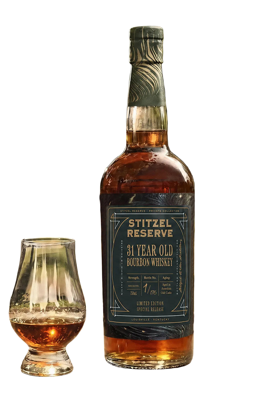 Stitzel Reserve 31 year old bourbon whiskey bottle and filled tasting glass.
