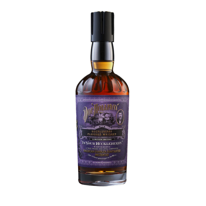 Product photography of a Doc Holliday Huckleberry Flavored Whiskey bottle featuring dark amber liquid, a deep purple label with ornate gold lettering, an illustration of an Old West train and town, a Doc Holliday portrait, and a distinctive black ribbed cap