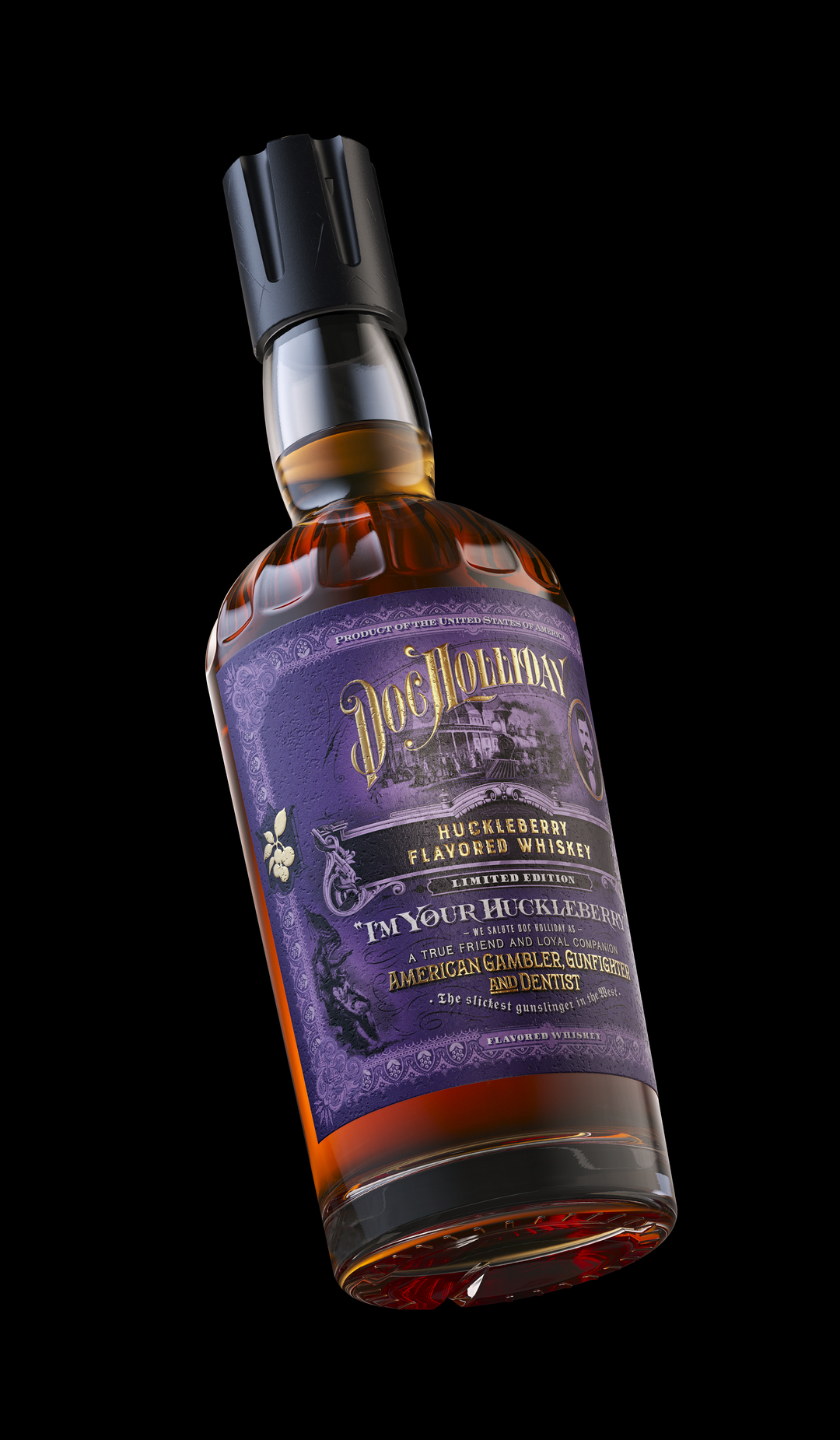 Product photography of a Doc Holliday Huckleberry Flavored Whiskey bottle, featuring a textured purple label with gold lettering, a vintage train and saloon illustration, and the phrase I'm Your Huckleberry