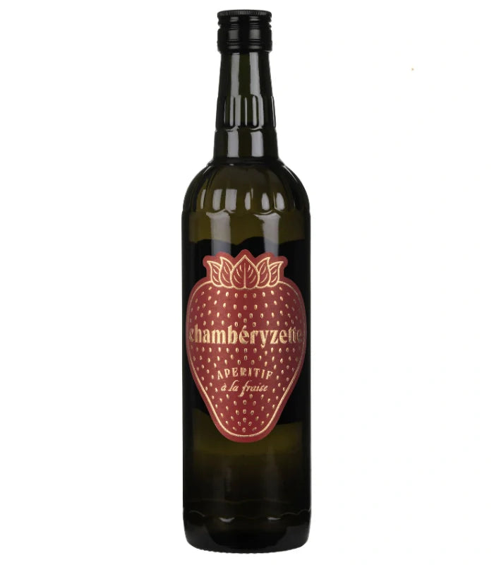 Product image of a dark green Chambéryzette Aperitif à la fraise bottle featuring a vibrant red strawberry-shaped label with gold text and a black cap