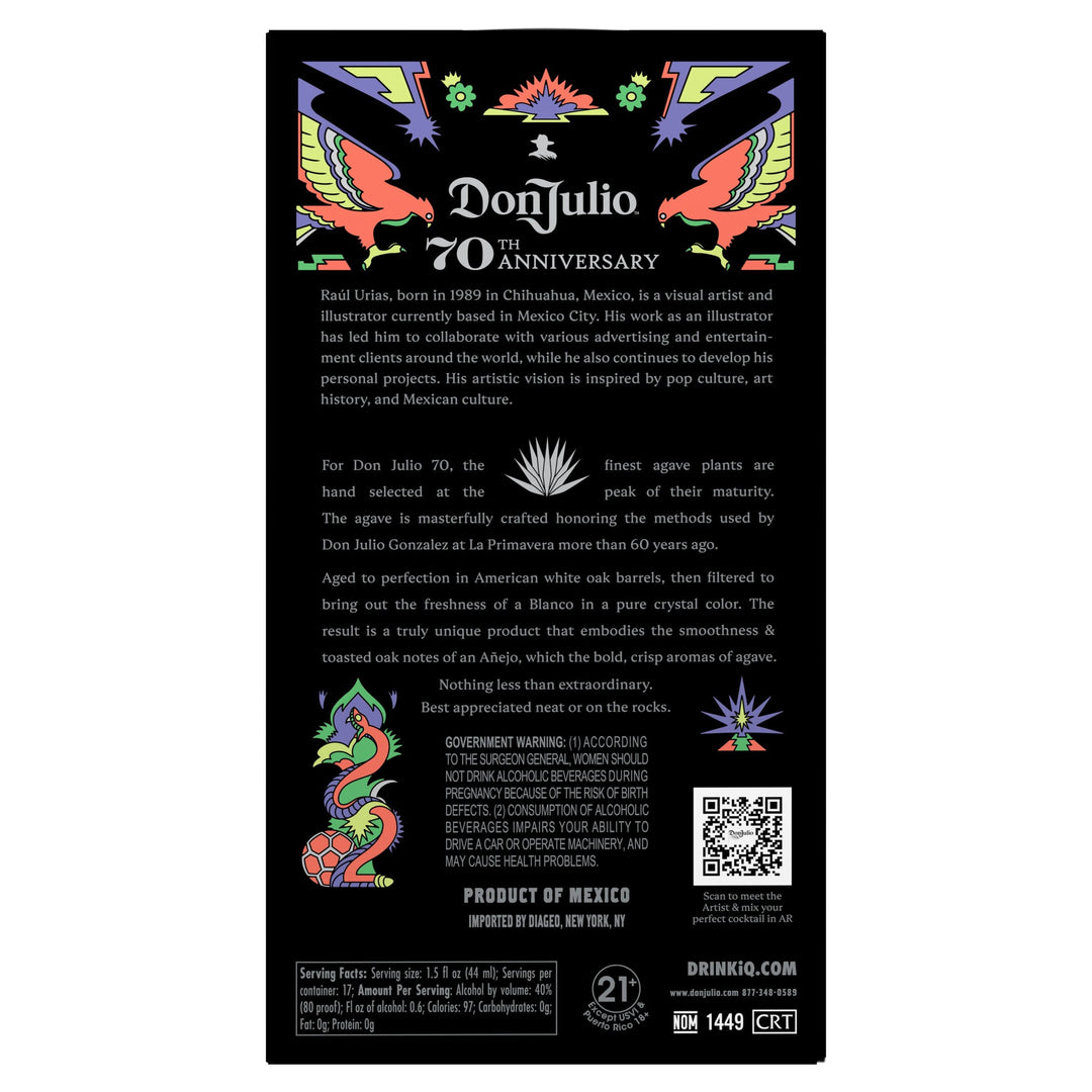 Illustration by Raúl Urías, Don Julio 70th Anniversary tequila label from Mexico featuring a vibrant black background Mexican folk art design with two symmetrical stylized orange-red birds, a central blue and orange agave motif, and colorful purple and green abstract patterns