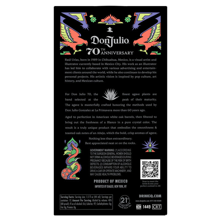 Illustration by Raúl Urías, Don Julio 70th Anniversary tequila label from Mexico featuring a vibrant black background Mexican folk art design with two symmetrical stylized orange-red birds, a central blue and orange agave motif, and colorful purple and green abstract patterns