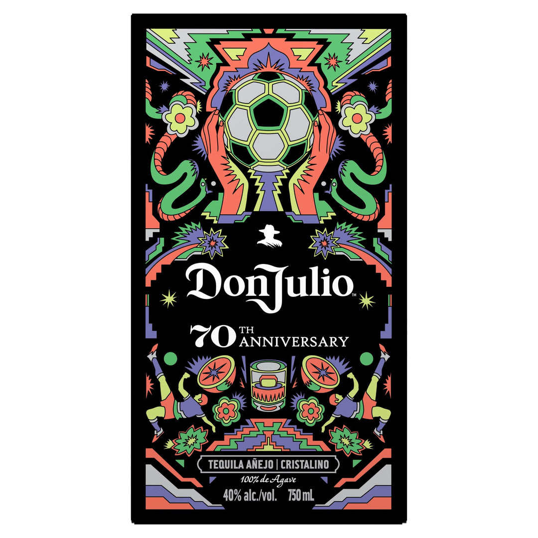Don Julio 70th Anniversary Tequila Añejo Cristalino label with a vibrant, intricate graphic design on a black background, featuring a central soccer ball held by hands, flanked by colorful snakes, geometric patterns, and stylized figures