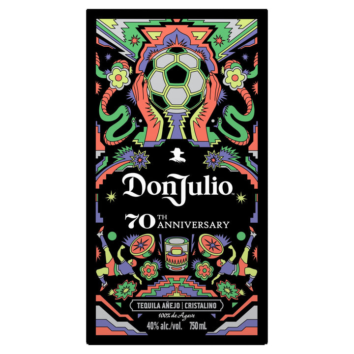 Don Julio 70th Anniversary Tequila Añejo Cristalino label with a vibrant, intricate graphic design on a black background, featuring a central soccer ball held by hands, flanked by colorful snakes, geometric patterns, and stylized figures