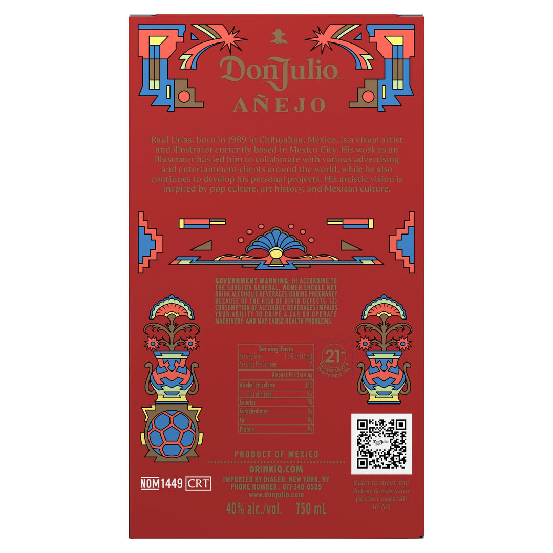 Packaging design by Raúl Urias for the Don Julio Añejo tequila label from Mexico, featuring a rich red background with abstract blue, yellow, and gold geometric patterns, stylized floral motifs, and the iconic Don Julio sombrero logo