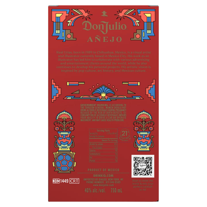 Packaging design by Raúl Urias for the Don Julio Añejo tequila label from Mexico, featuring a rich red background with abstract blue, yellow, and gold geometric patterns, stylized floral motifs, and the iconic Don Julio sombrero logo