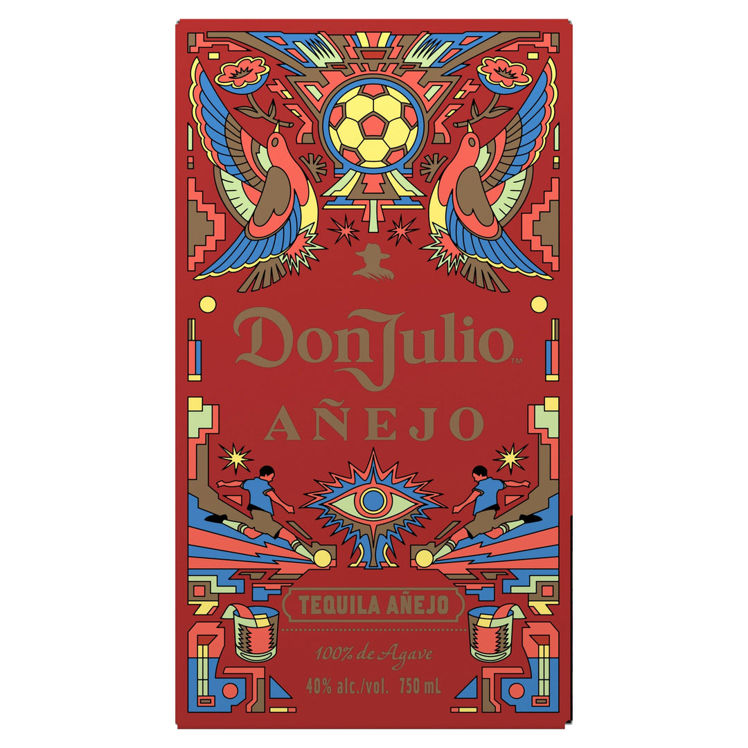 Graphic design of a Don Julio Añejo Tequila label on a vibrant red background with bold Mexican-inspired geometric patterns, featuring a prominent yellow and red soccer ball, two stylized birds, a silhouette of a man in a sombrero, and a central eye motif flanked by two soccer players
