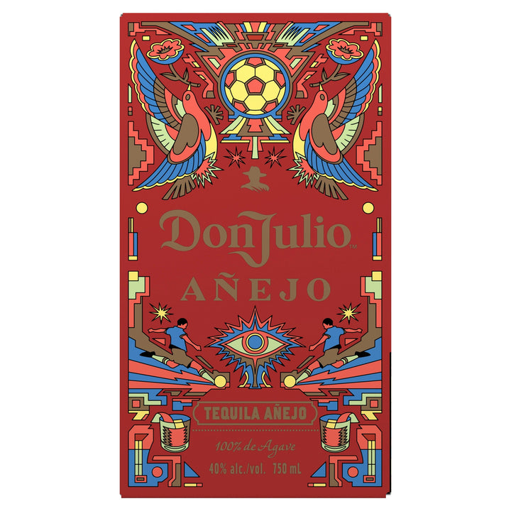Graphic design of a Don Julio Añejo Tequila label on a vibrant red background with bold Mexican-inspired geometric patterns, featuring a prominent yellow and red soccer ball, two stylized birds, a silhouette of a man in a sombrero, and a central eye motif flanked by two soccer players