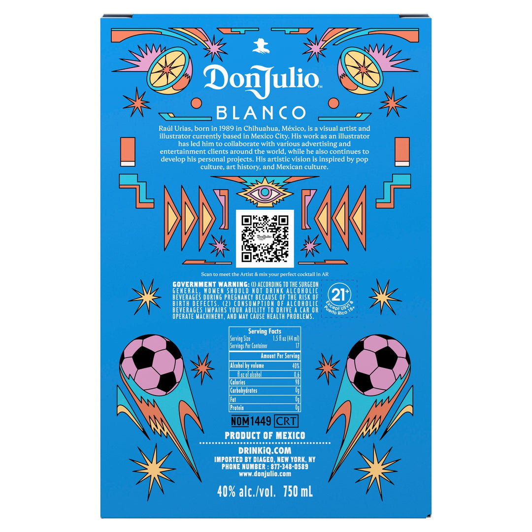 Digital illustration by Raúl Urías for the Don Julio Blanco tequila box, featuring a vibrant blue background adorned with abstract geometric shapes, a central stylized eye motif, and two pink soccer balls, reflecting Mexican pop culture and traditional art