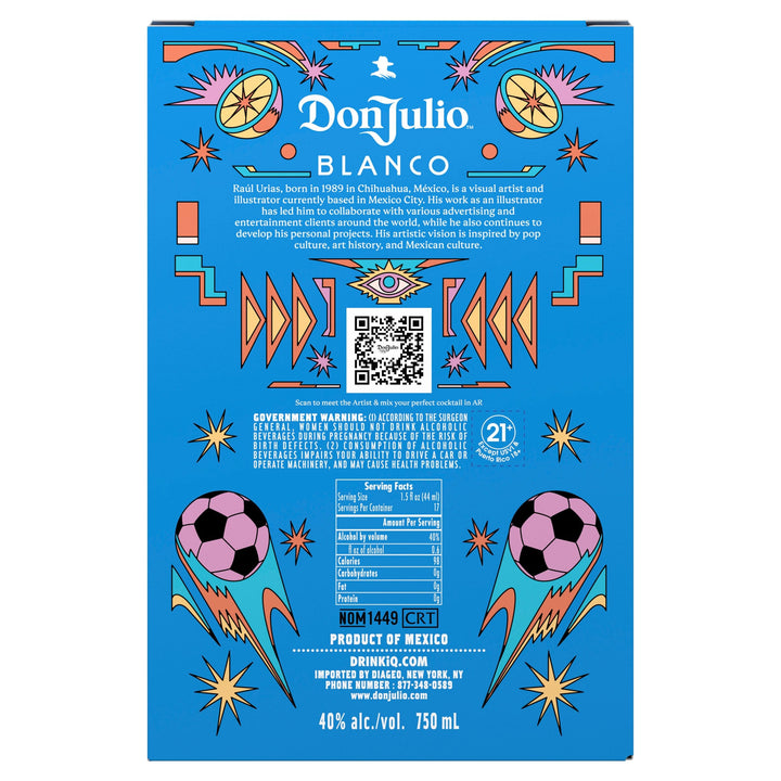 Digital illustration by Raúl Urías for the Don Julio Blanco tequila box, featuring a vibrant blue background adorned with abstract geometric shapes, a central stylized eye motif, and two pink soccer balls, reflecting Mexican pop culture and traditional art