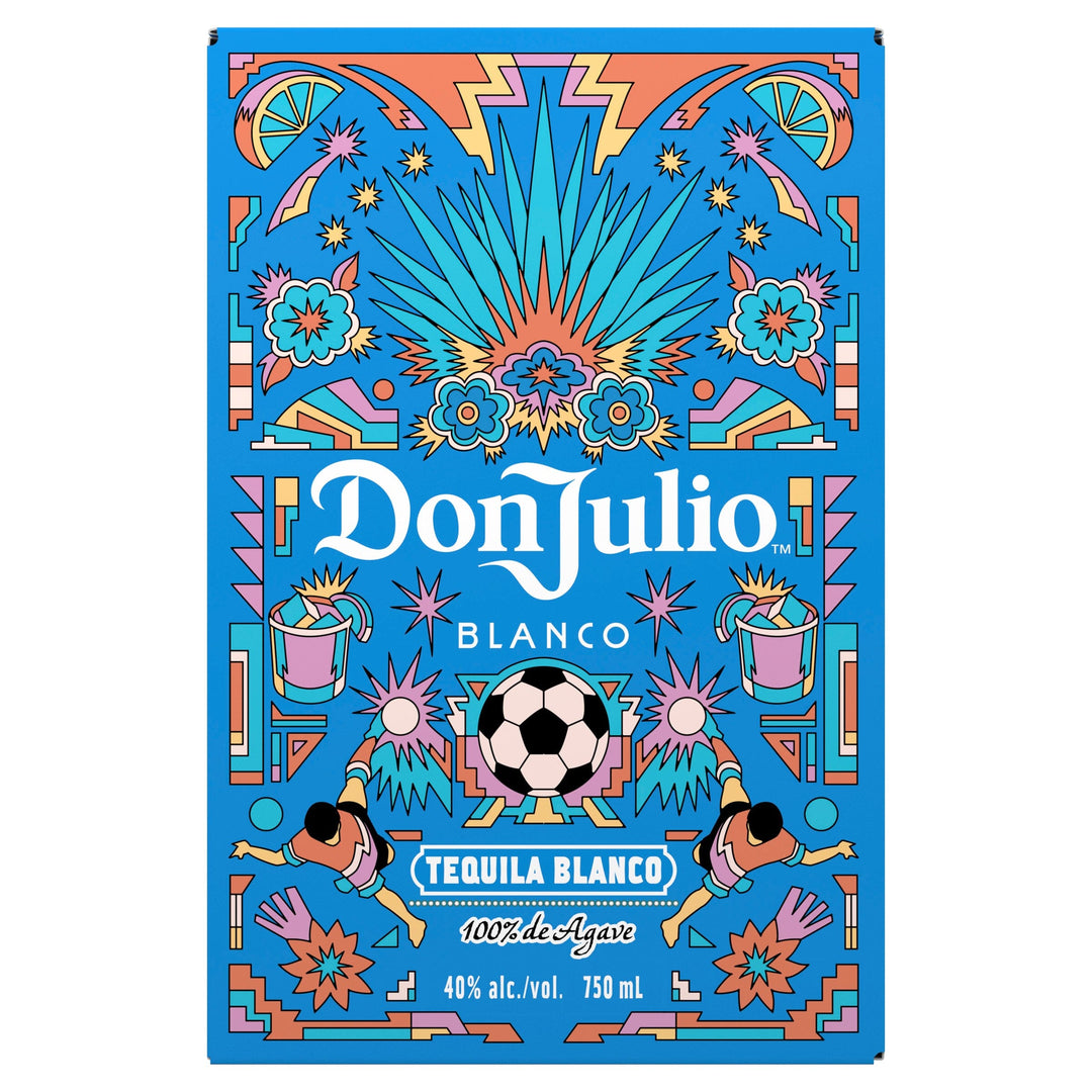 Digital illustration of Don Julio Blanco Tequila label with a vibrant blue background featuring a central agave plant, a soccer ball flanked by stylized players, and colorful geometric patterns with limes and flowers