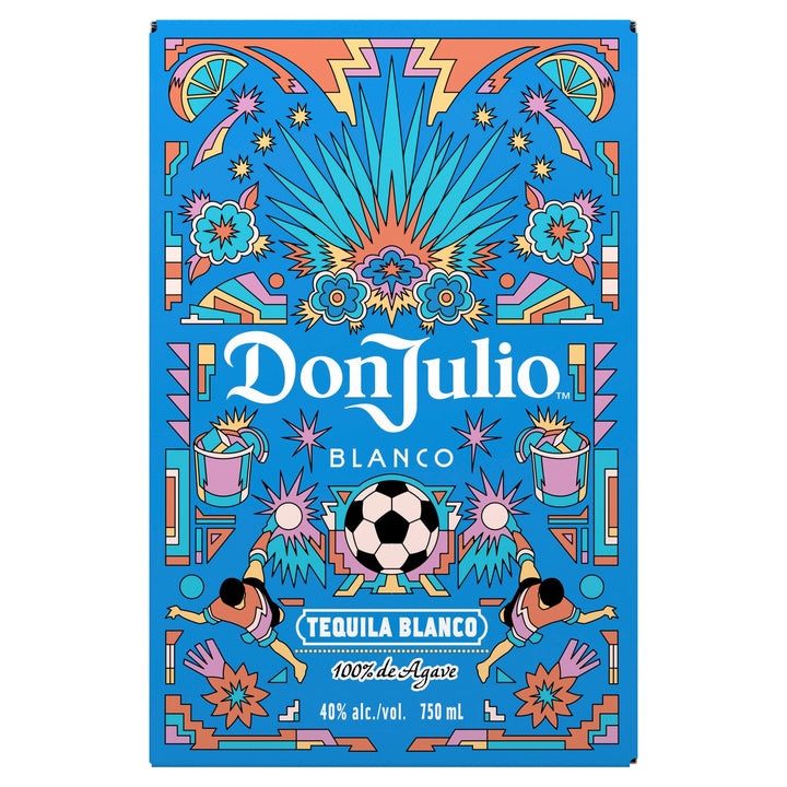 Digital illustration of Don Julio Blanco Tequila label with a vibrant blue background featuring a central agave plant, a soccer ball flanked by stylized players, and colorful geometric patterns with limes and flowers