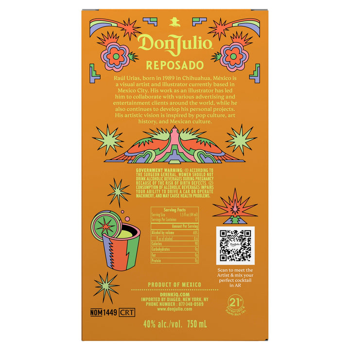 Digital illustration by Raúl Urias on a vibrant orange Don Julio Reposado tequila label features a central stylized bird reminiscent of pre-Hispanic Mexican art, surrounded by colorful geometric flowers and a cheerful cocktail glass