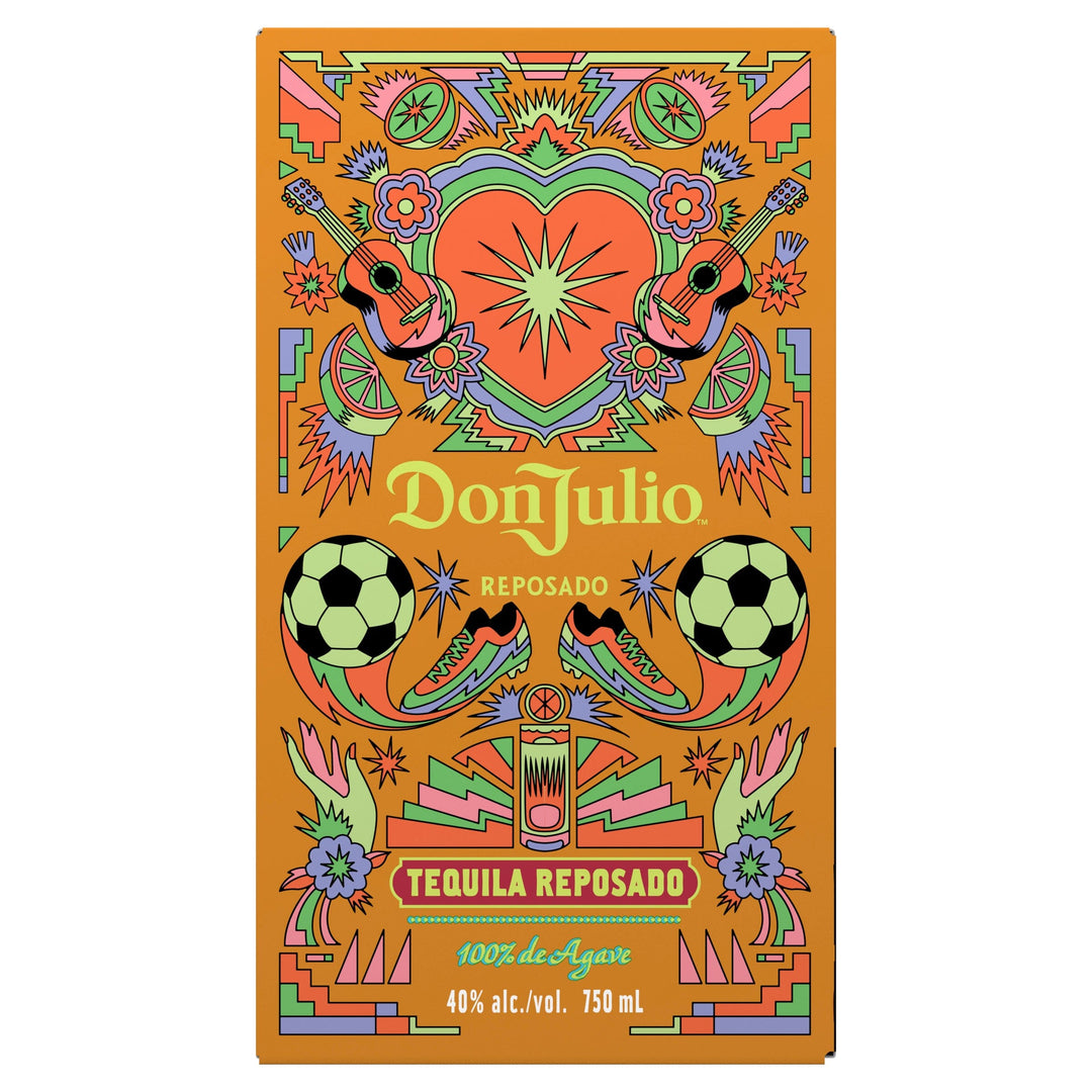 Don Julio Reposado Tequila packaging design a vibrant Mexican folk art illustration with a central stylized heart and starburst, flanked by mariachi guitars, soccer balls, and colorful cleats, all set against a bright orange background with neon accents