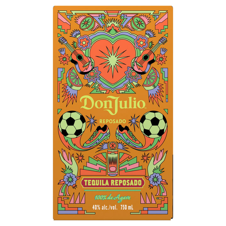 Don Julio Reposado Tequila packaging design a vibrant Mexican folk art illustration with a central stylized heart and starburst, flanked by mariachi guitars, soccer balls, and colorful cleats, all set against a bright orange background with neon accents