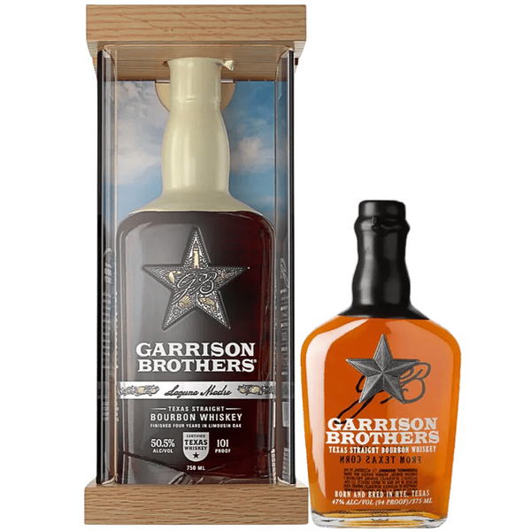 Garrison Brothers Texas Straight Bourbon Whiskey shown in a clear presentation box alongside an uncapped bottle of the same whiskey, on a white background with the Garrison Brothers logo in the top right.