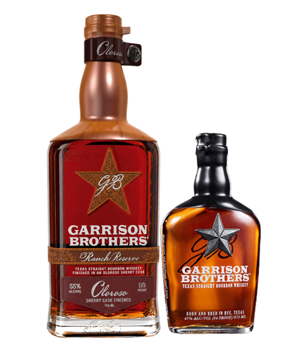 Garrison Brothers Texas Straight Bourbon Whiskey product shot showing two bottles a large red-labeled Ranch Reserve Oloroso Sherry Cask Finished with a golden star and a smaller classic bourbon featuring a silver star and black wax seal from Hye Texas