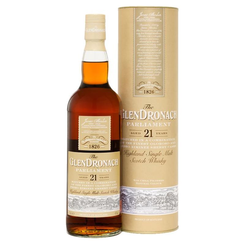 Glendronach Parliament Aged 21 Years Scotch Whisky bottle and its tan presentation canister featuring rich amber liquid, prominent Aged 21 Years text, 1826 founding year, and a pastoral Scottish landscape illustration on the labels